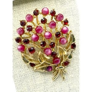 Vintage‎ STAR Floral Bouquet Brooch Pin Red Cabochon Rhinestone Gold Tone